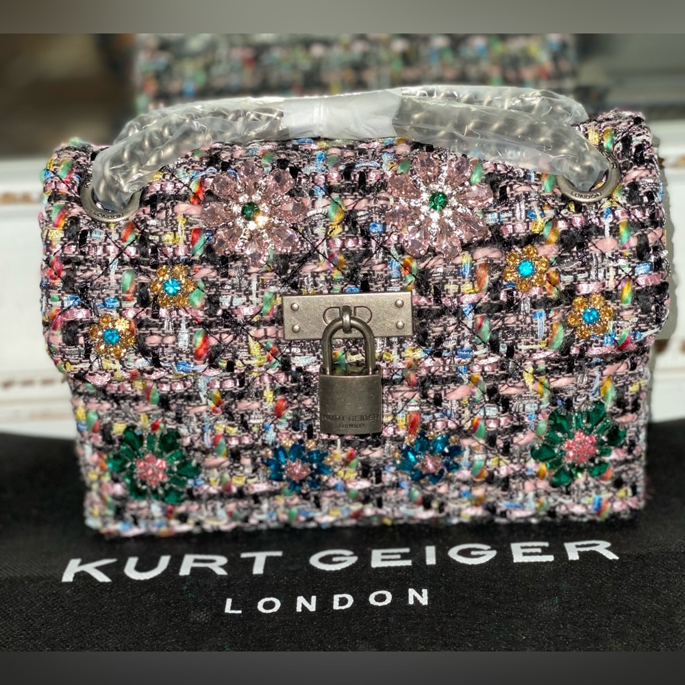 Kurt Geiger London Mini Flower Embellished Tweed Shoulder Bag